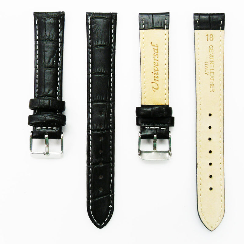 Load image into Gallery viewer, Genuine Leather Watch Band, Black Alligator Straps, Padded, White Stitches, 18MM, Regular Size, Stainless Steel Silver and Gold Buckle
