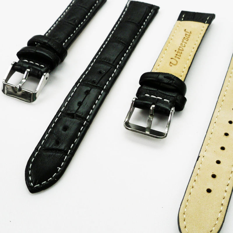 Load image into Gallery viewer, Genuine Leather Watch Band, Black Alligator Straps, Padded, White Stitches, 18MM, Regular Size, Stainless Steel Silver and Gold Buckle
