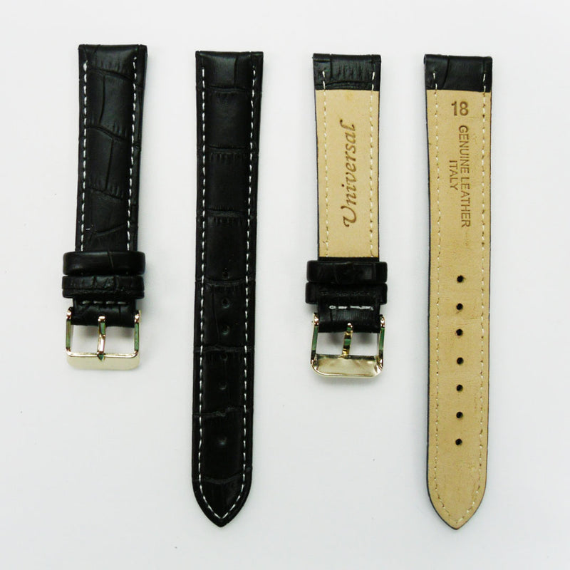 Load image into Gallery viewer, Genuine Leather Watch Band, Black Alligator Straps, Padded, White Stitches, 18MM, Regular Size, Stainless Steel Silver and Gold Buckle
