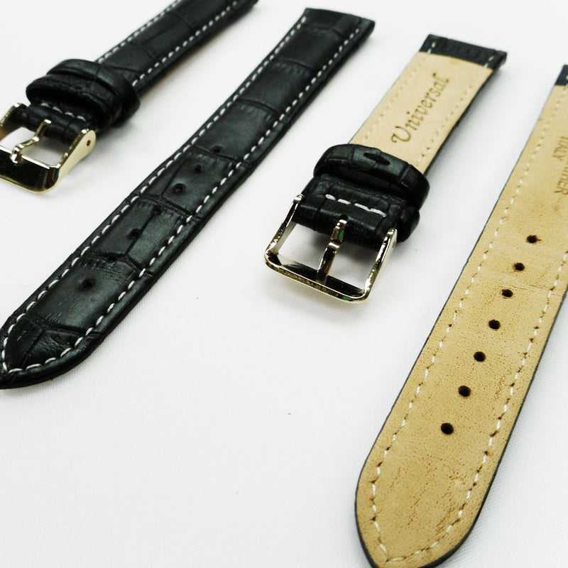 Load image into Gallery viewer, Genuine Leather Watch Band, Black Alligator Straps, Padded, White Stitches, 18MM, Regular Size, Stainless Steel Silver and Gold Buckle
