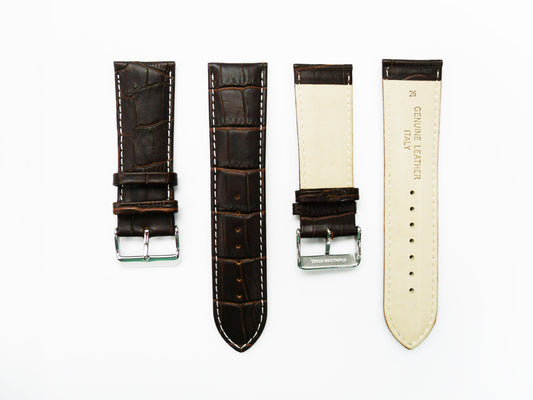 Genuine Leather Watch Band, Black and Brown Alligator Straps, Padded, Black and White Stitches, 26MM, Regular Size, Stainless Steel Silver Buckle