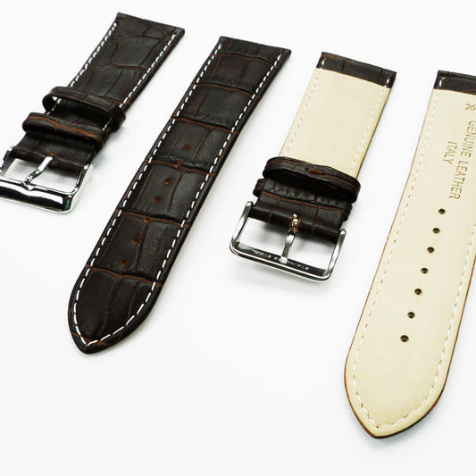 Genuine Leather Watch Band, Black and Brown Alligator Straps, Padded, Black and White Stitches, 26MM, Regular Size, Stainless Steel Silver Buckle
