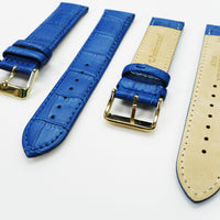 Genuine Leather Watch Band, Blue Alligator Straps, Padded, Blue Stitches, 20MM and 18MM, Regular Size, Stainless Steel Silver and Gold Buckle