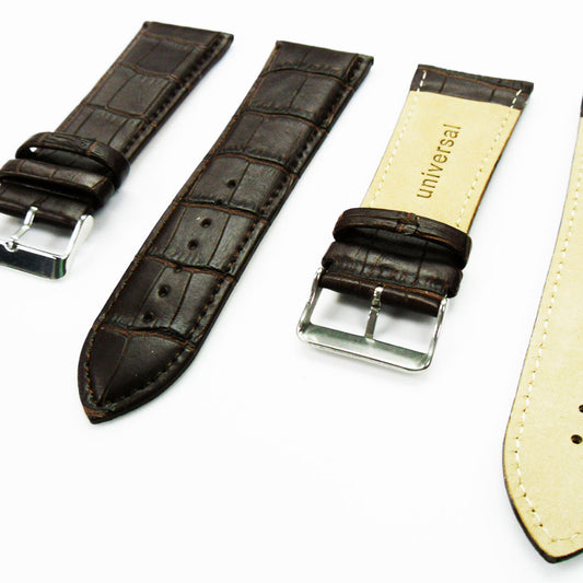 Genuine Leather Watch Band, Brown Alligator Straps, Padded, Brown Stitches, 28MM and 30MM, Regular Size, Stainless Steel Silver Buckle