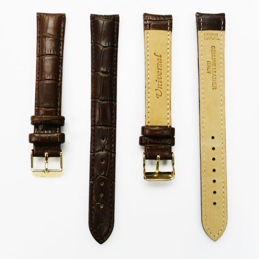 Genuine Leather Watch Band, Brown Alligator Straps, Padded, White and Brown Stitches, 18MM, XL Size, Stainless Steel Silver and Gold Buckle