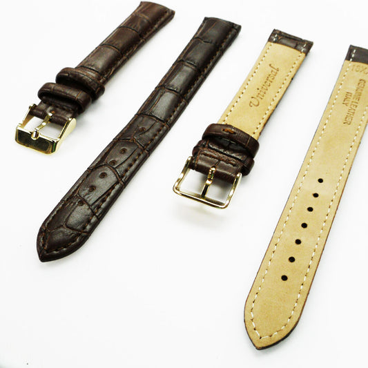 Genuine Leather Watch Band, Brown Alligator Straps, Padded, White and Brown Stitches, 18MM, XL Size, Stainless Steel Silver and Gold Buckle