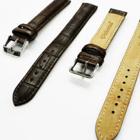 Genuine Leather Watch Band, Brown Alligator Straps, Padded, White and Brown Stitches, 18MM, XL Size, Stainless Steel Silver and Gold Buckle