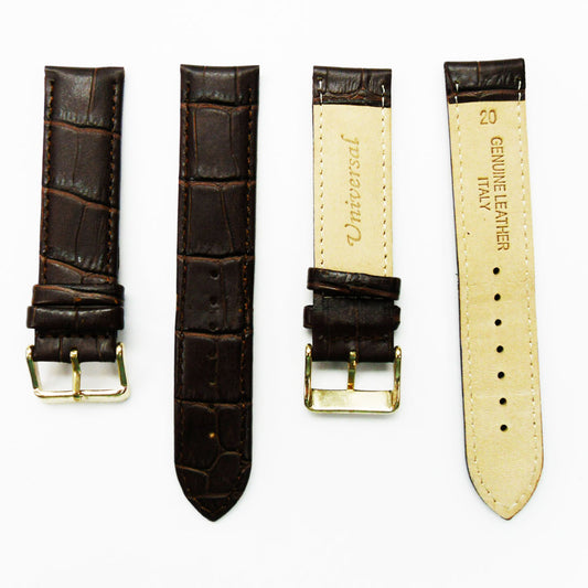 Genuine Leather Watch Band, Dark Brown Alligator Straps, Padded, Brown and White Stitches, 20MM, Regular Size, Stainless Steel Silver and Gold Buckle