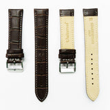 Genuine Leather Watch Band, Dark Brown Alligator Straps, Padded, Brown and White Stitches, 20MM, Regular Size, Stainless Steel Silver and Gold Buckle