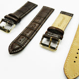 Genuine Leather Watch Band, Dark Brown Alligator Straps, Padded, Brown and White Stitches, 22MM, Regular Size, Stainless Steel Silver and Gold Buckle