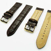 Genuine Leather Watch Band, Dark Brown Alligator Straps, Padded, Brown and White Stitches, 22MM, Regular Size, Stainless Steel Silver and Gold Buckle