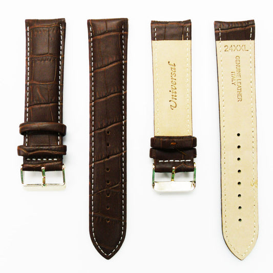 Genuine Leather Watch Band, Dark Brown Alligator Straps, Padded, Brown and White Stitches, 22MM and 24MM, XL Size, Stainless Steel Silver and Gold Buckle