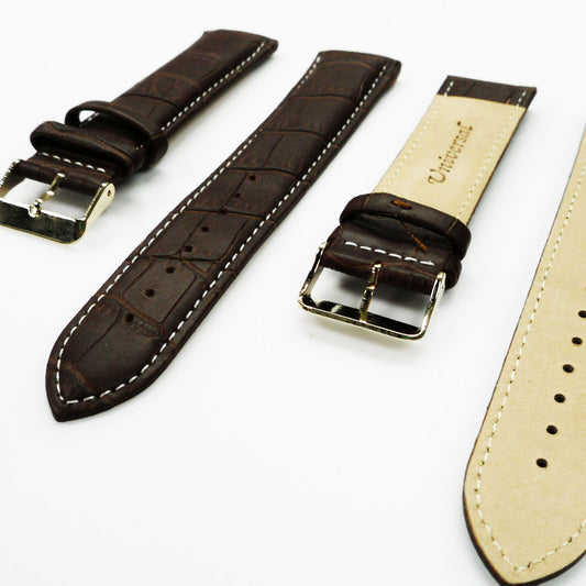 Genuine Leather Watch Band, Dark Brown Alligator Straps, Padded, Brown and White Stitches, 22MM and 24MM, XL Size, Stainless Steel Silver and Gold Buckle