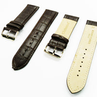 Genuine Leather Watch Band, Dark Brown Alligator Straps, Padded, Brown and White Stitches, 24MM, Regular Size, Stainless Steel Silver and Gold Buckle