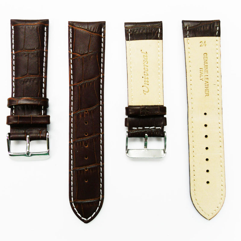 Load image into Gallery viewer, Genuine Leather Watch Band, Dark Brown Alligator Straps, Padded, Brown and White Stitches, 24MM, Regular Size, Stainless Steel Silver and Gold Buckle
