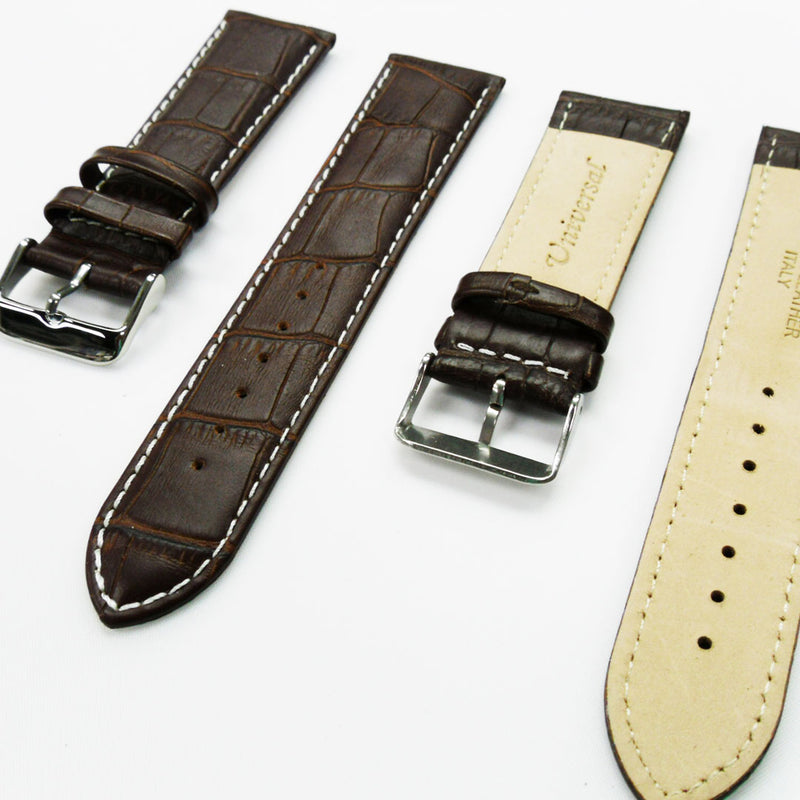 Load image into Gallery viewer, Genuine Leather Watch Band, Dark Brown Alligator Straps, Padded, Brown and White Stitches, 24MM, Regular Size, Stainless Steel Silver and Gold Buckle
