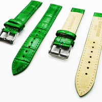 Genuine Leather Watch Band, Green Alligator Straps, Padded, Green Stitches, 16MM and 18MM, Regular Size, Stainless Steel Silver and Gold Buckle