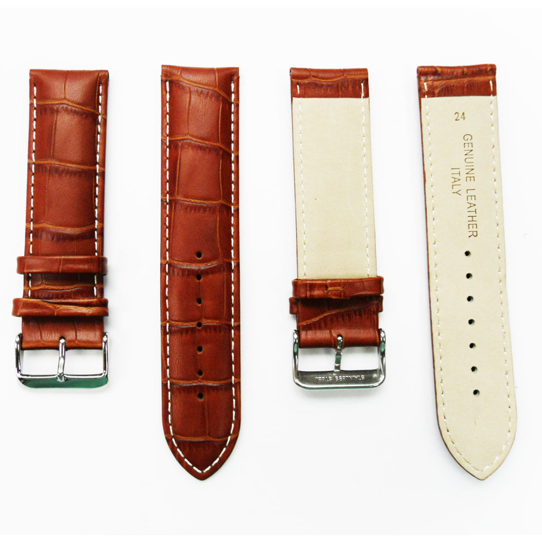 Genuine Leather Watch Band, Light Brown Alligator Straps, Padded, Brown and White Stitches, 24MM, Regular Size, Stainless Steel Silver Buckle