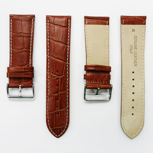 Genuine Leather Watch Band, Light Brown Alligator Straps, Padded, White Stitches, 26MM, Regular Size, Stainless Steel Silver Buckle