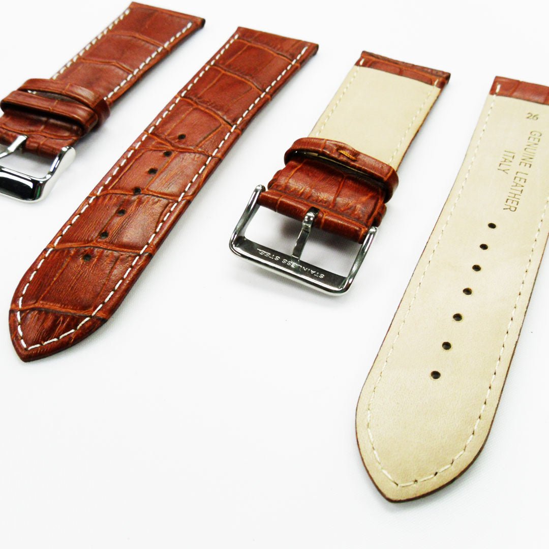 Genuine Leather Watch Band, Light Brown Alligator Straps, Padded, White Stitches, 26MM, Regular Size, Stainless Steel Silver Buckle - Universal Jewelers & Watch Tools Inc.
