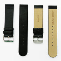 Genuine Leather Watch Band, Black Plain Straps, Flat, Black, Non Stitches, 20MM, Regular Size, Stainless Steel Silver Buckle