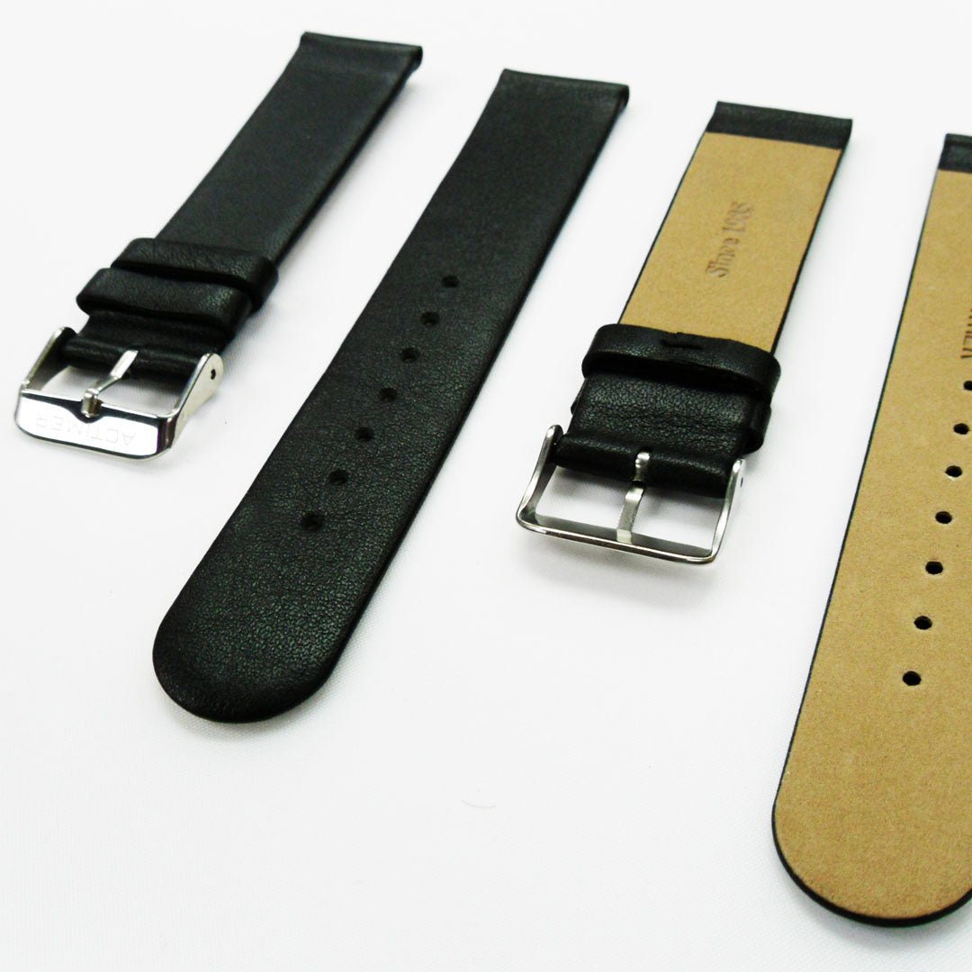 Genuine Leather Watch Band, Black Plain Straps, Flat, Black, Non Stitches, 20MM, Regular Size, Stainless Steel Silver Buckle