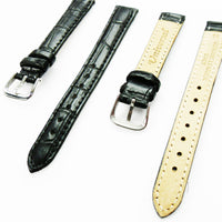 Genuine Leather Womens Watch Band, Black Alligator Style Padded, Black Stitches, 14MM Regular Size, Stainless Steel Silver Buckle