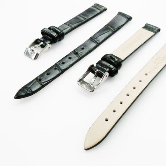 Genuine Leather Womens Watch Band, Black Alligator, Flat, No Stitches, 12MM Regular and 12MM XL Size, Stainless Steel Silver and Gold Buckle