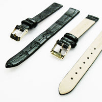 Genuine Leather Womens Watch Band, Black Alligator, Flat, No Stitches, 14MM Regular and 14MM XL Size, Stainless Steel Silver and Gold Buckle