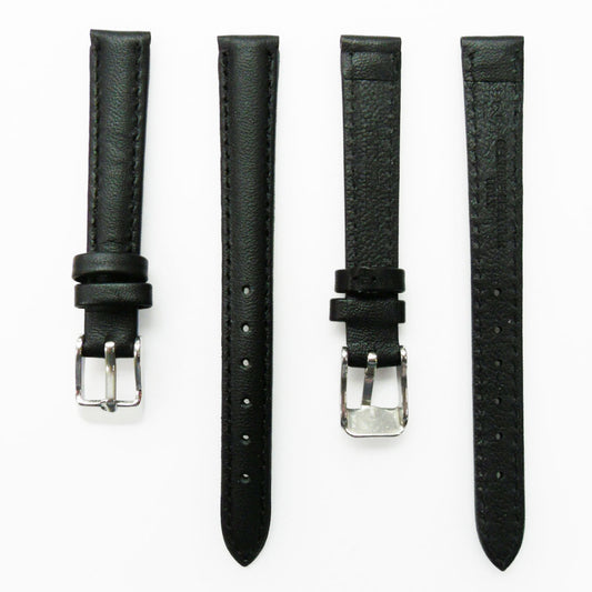Genuine Leather Womens Watch Band, Black Plain Padded, Black Stitches, 12MM Regular and XL Size, Stainless Steel Silver and Gold Buckle