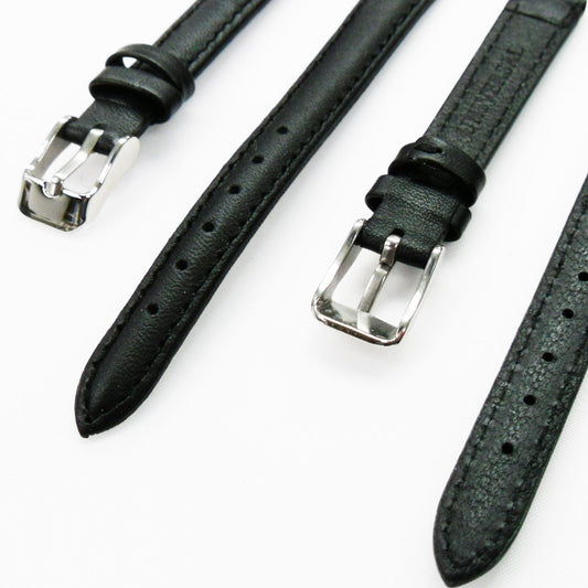 Genuine Leather Womens Watch Band, Black Plain Padded, Black Stitches, 12MM Regular and XL Size, Stainless Steel Silver and Gold Buckle