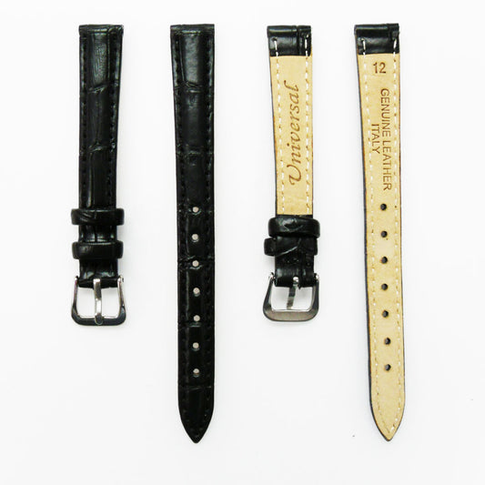 Genuine Leather Womens Watch Band, Black and Brown Alligator Style Padded, Black and Brown Stitches, 12MM Regular Size, Stainless Steel Silver and Gold Buckle