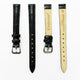 Genuine Leather Womens Watch Band, Black and Brown Alligator Style Padded, Black and Brown Stitches, 12MM Regular Size, Stainless Steel Silver and Gold Buckle