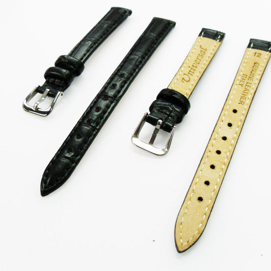 Genuine Leather Womens Watch Band, Black and Brown Alligator Style Padded, Black and Brown Stitches, 12MM Regular Size, Stainless Steel Silver and Gold Buckle