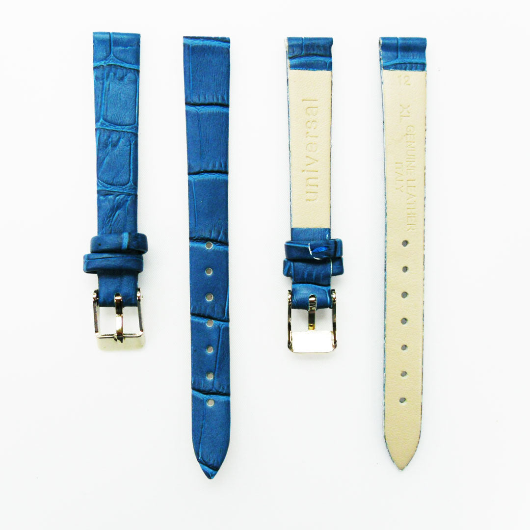 Genuine Leather Womens Watch Band, Blue Alligator, Flat, No Stitches, 12MM Regular and 12MM XL Size, Stainless Steel Silver and Gold Buckle