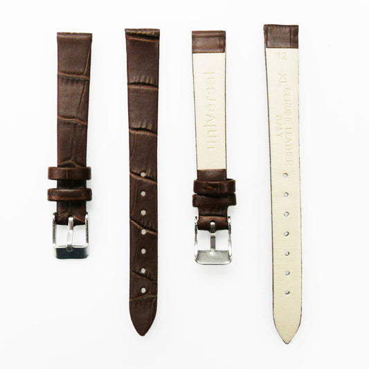 Genuine Leather Womens Watch Band, Brown Alligator, Flat, No Stitches, 12MM Regular and 12MM XL Size, Stainless Steel Silver and Gold Buckle