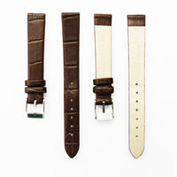 Genuine Leather Womens Watch Band, Brown Alligator, Flat, No Stitches, 14MM Regular and 14MM XL Size, Stainless Steel Silver and Gold Buckle