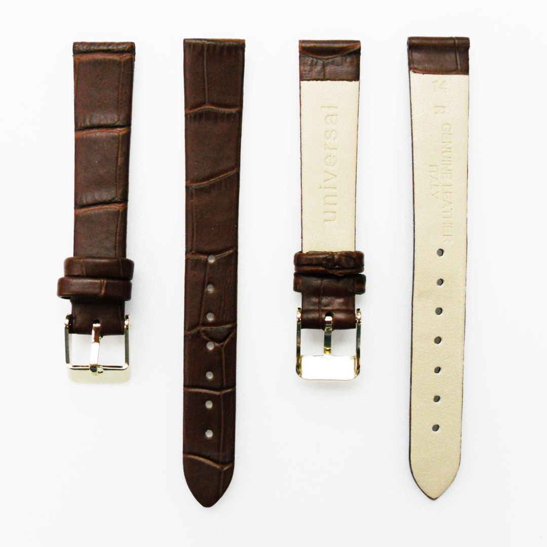 Genuine Leather Womens Watch Band, Brown Alligator, Flat, No Stitches, 14MM Regular and 14MM XL Size, Stainless Steel Silver and Gold Buckle - Universal Jewelers & Watch Tools Inc.