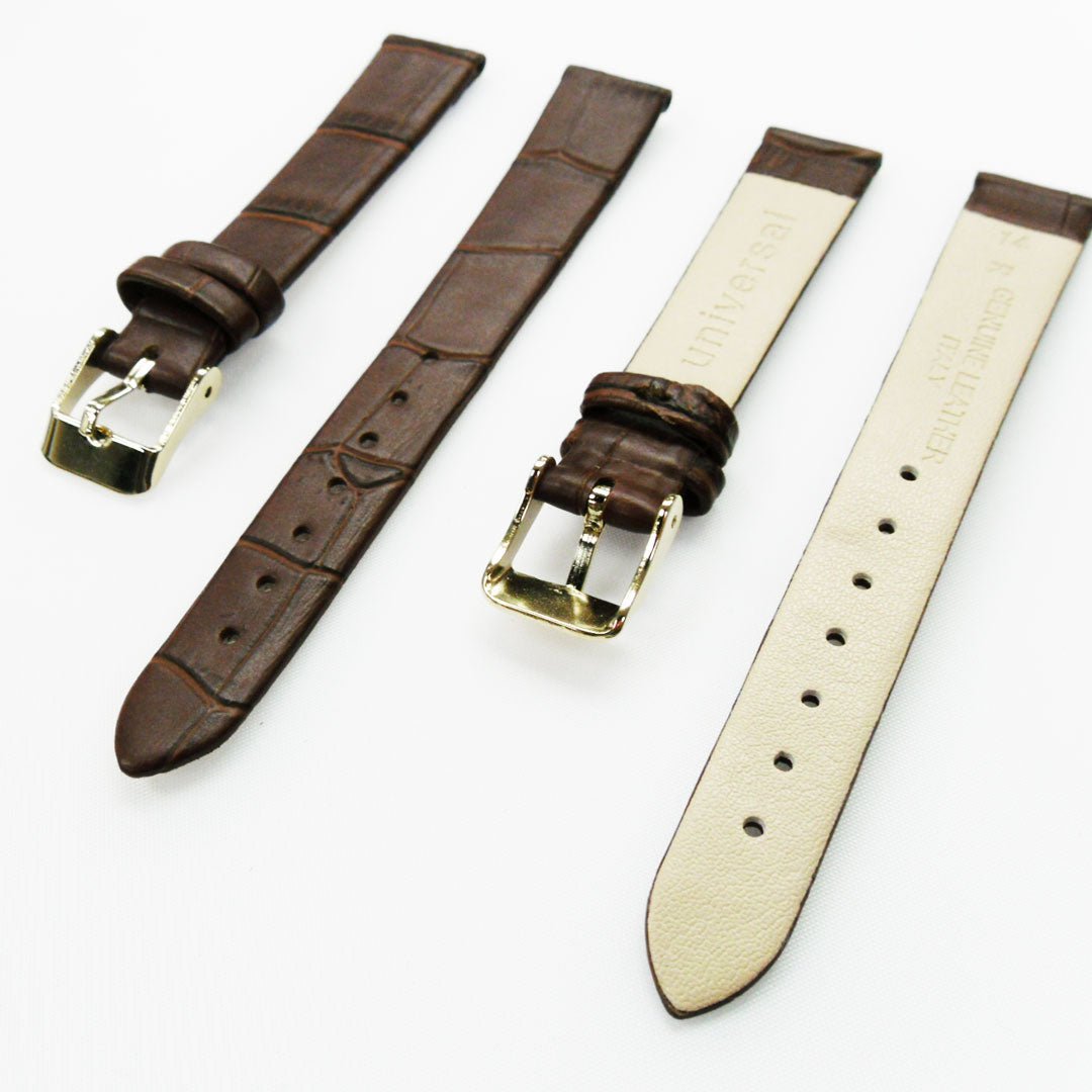 Genuine Leather Womens Watch Band, Brown Alligator, Flat, No Stitches, 14MM Regular and 14MM XL Size, Stainless Steel Silver and Gold Buckle - Universal Jewelers & Watch Tools Inc.