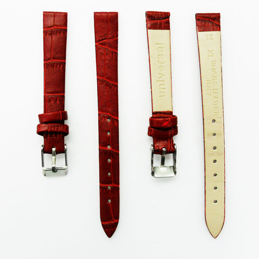 Genuine Leather Womens Watch Band, Red Alligator, Flat, No Stitches, 12MM Regular and 12MM XL Size, Stainless Steel Silver and Gold Buckle