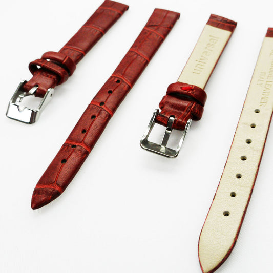 Genuine Leather Womens Watch Band, Red Alligator, Flat, No Stitches, 12MM Regular and 12MM XL Size, Stainless Steel Silver and Gold Buckle
