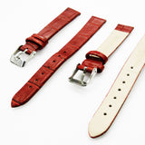 Genuine Leather Womens Watch Band, Red Alligator, Flat, No Stitches, 14MM Regular and 14MM XL Size, Stainless Steel Silver and Gold Buckle