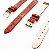 Genuine Leather Womens Watch Band, Red Alligator, Flat, No Stitches, 14MM Regular and 14MM XL Size, Stainless Steel Silver and Gold Buckle