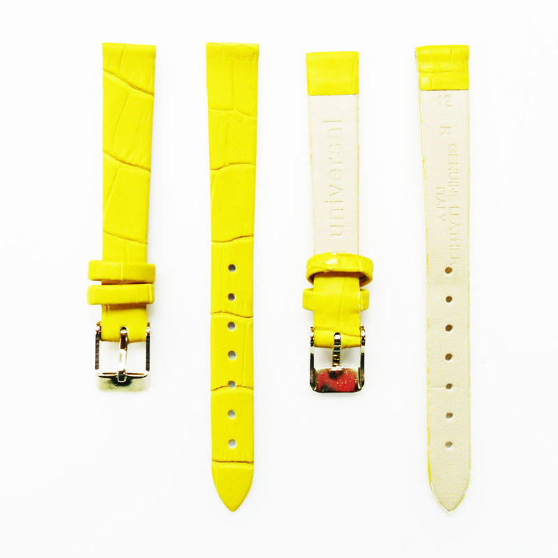 Load image into Gallery viewer, Genuine Leather Womens Watch Band, Yellow Alligator, Flat, No Stitches, 12MM Regular and 12MM XL Size, Stainless Steel Silver and Gold Buckle
