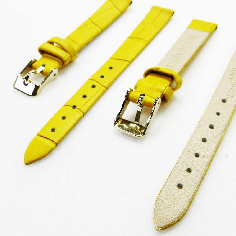 Load image into Gallery viewer, Genuine Leather Womens Watch Band, Yellow Alligator, Flat, No Stitches, 12MM Regular and 12MM XL Size, Stainless Steel Silver and Gold Buckle
