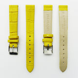 Genuine Leather Womens Watch Band, Yellow Alligator, Flat, No Stitches, 14MM Regular and 14MM XL Size, Stainless Steel Silver and Gold Buckle