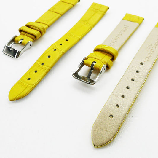 Genuine Leather Womens Watch Band, Yellow Alligator, Flat, No Stitches, 14MM Regular and 14MM XL Size, Stainless Steel Silver and Gold Buckle