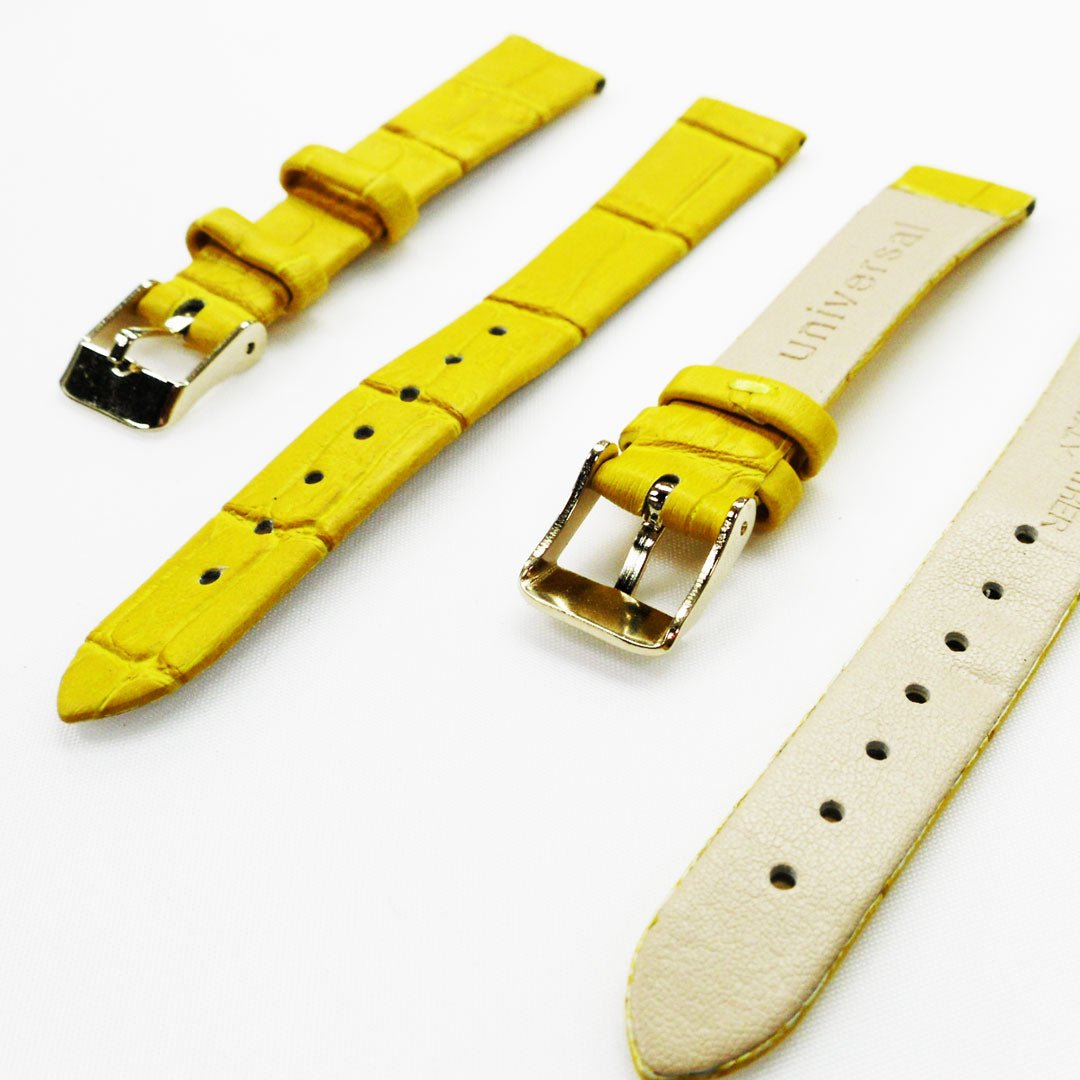 Genuine Leather Womens Watch Band, Yellow Alligator, Flat, No Stitches, 14MM Regular and 14MM XL Size, Stainless Steel Silver and Gold Buckle - Universal Jewelers & Watch Tools Inc.