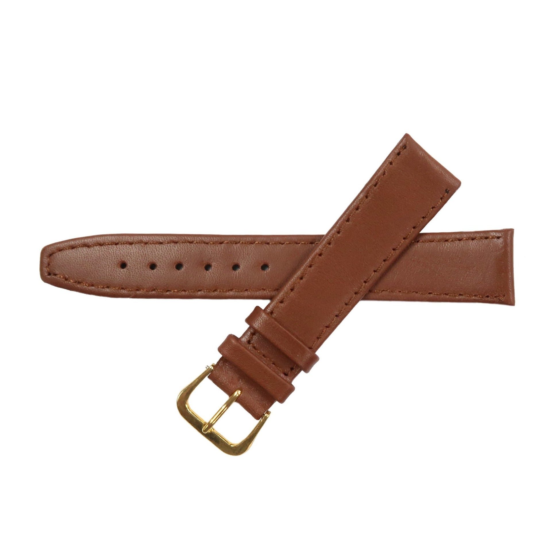 Genuine Leather Watch Band 16 - 20mm Flat Classic Plain Grain Stitched Brown Light Brown - Universal Jewelers & Watch Tools Inc.