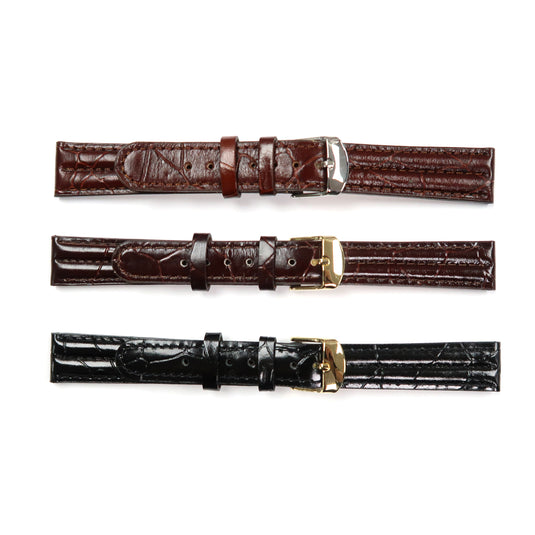 Genuine Leather Watch Band Padded Alligator Grain Stitched in Brown, Light Brown and Black - Universal Jewelers & Watch Tools Inc. 